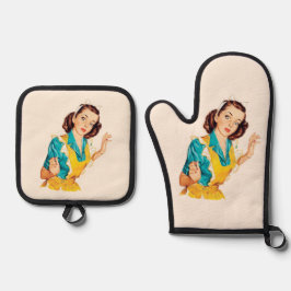 1950 Backtag Vintage Frau mit Schürze Ofenhandschuh & Topflappen-Set