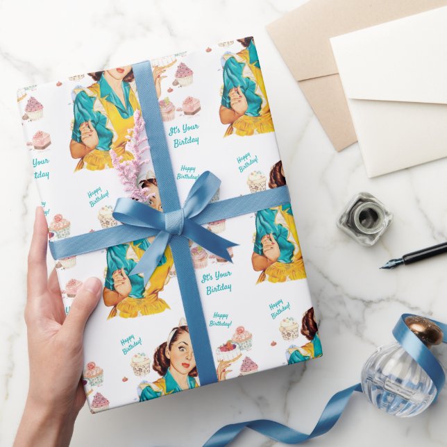 1950 Baking Day Vintage Woman Happy Birthday Geschenkpapier (Schenken)