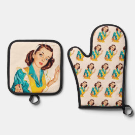 1950 Baking Day Vintage Woman in Apron Ofenhandschuh & Topflappen-Set