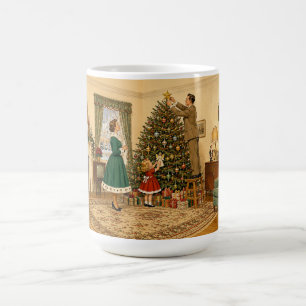 1950 Familie schmückt Weihnachtsbaum Frohe Weihnac Kaffeetasse