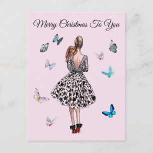 1950 Frau mit Schmetterlingen Weihnachtsgruß Postkarte