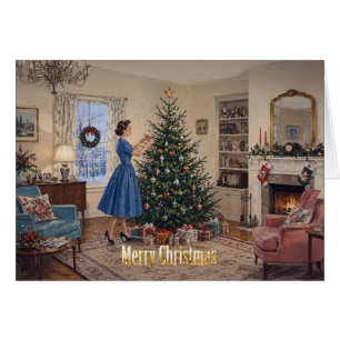 1950 Lady schmückt Weihnachtsbaum Frohe Weihnachte