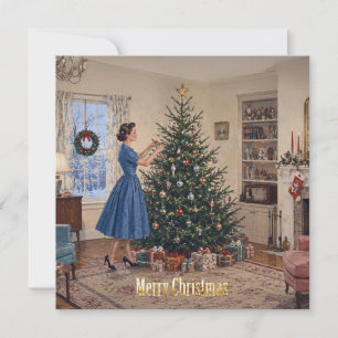 1950 Lady schmückt Weihnachtsbaum Frohe Weihnachte Feiertagskarte