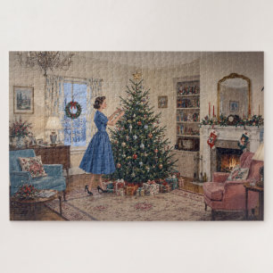 1950 Lady schmückt Xmas Baum Frohe Weihnachten Puzzle