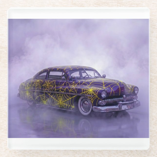 1950 Lila Mercury mit Spinnennetz Glasuntersetzer (Vorderseite)