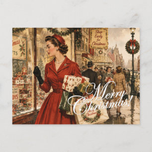 1950 macht eine Frau ihre Weihnachtseinkäufe Postkarte