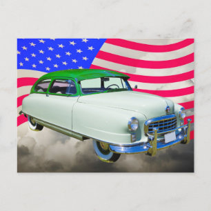 1950 Nash Botschafterwagen und amerikanische Flagg Postkarte