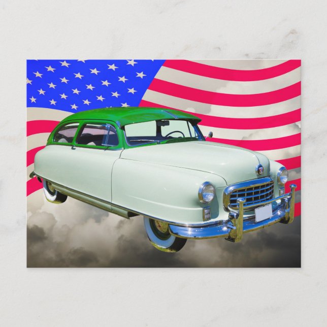 1950 Nash Botschafterwagen und amerikanische Flagg Postkarte (Vorderseite)