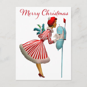 1950 Vintage Dame, die Weihnachtsbriefe prüft Postkarte