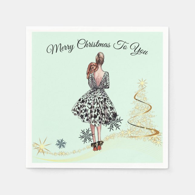 1950 Vintage Frau mit Weihnachtsbaum Serviette (Vorderseite)