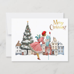1950 Vintage Lady Posting Weihnachtsgrüße Postkarte
