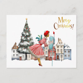 1950 Vintage Lady Posting Weihnachtsgrüße Postkarte
