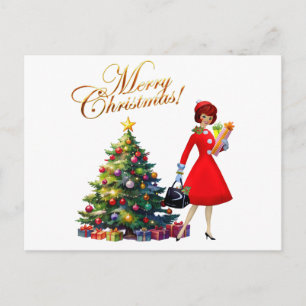 1950 Vintage Lady Weihnachtseinkäufe für Geschenke Postkarte