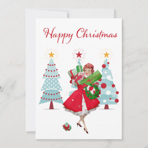 1950 Vintage-Weihnachtsdame mit Geschenken Feiertagskarte