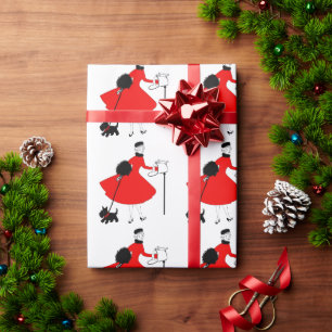 1950 Vintage Weihnachtsdame mit Hund Geschenkpapier