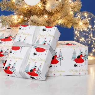 1950 Vintage Weihnachtsdame mit Schottischem Terri Geschenkpapier