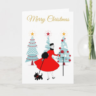 1950 Vintage Weihnachtsdame mit Schottischem Terri Karte