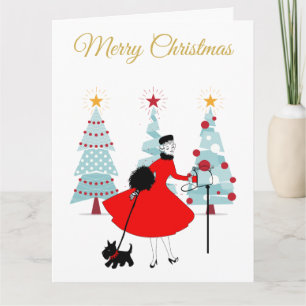 1950 Vintage Weihnachtsdame mit Scottish Terrier  Dankeskarte