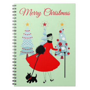 1950 Vintage-Weihnachtsdame mit Scottish Terrior Notizblock