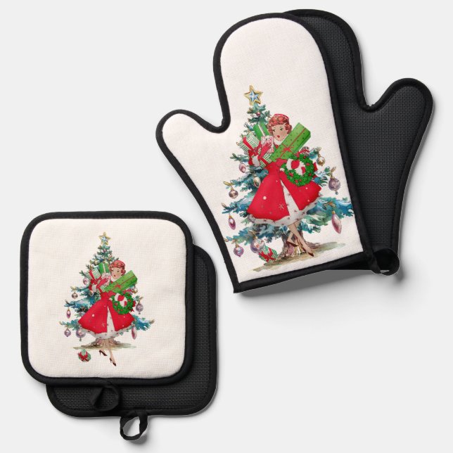 1950 Vintage Weihnachtsfrau Ofenhandschuh & Topflappen-Set (Vorderseite/Rückseite)