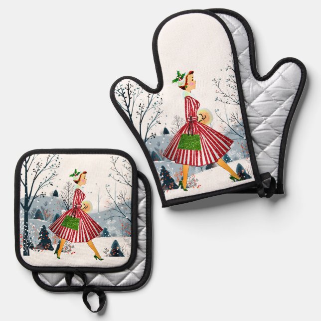 1950 Vintage Weihnachtsfrau Ofenhandschuh & Topflappen-Set (Vorderseite/Rückseite)