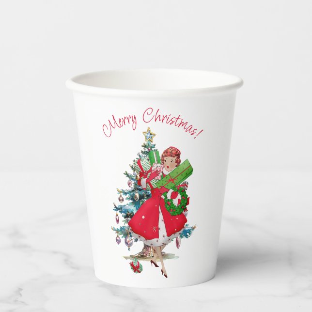 1950 Vintage Weihnachtsfrau Pappbecher (Vorderseite)