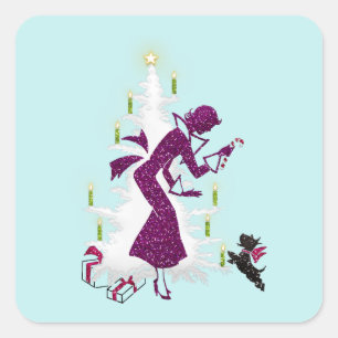 1950 Vintage Weihnachtsfrau Quadratischer Aufkleber