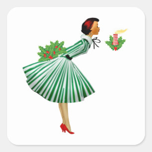 1950 Vintage Weihnachtsfrau Quadratischer Aufkleber