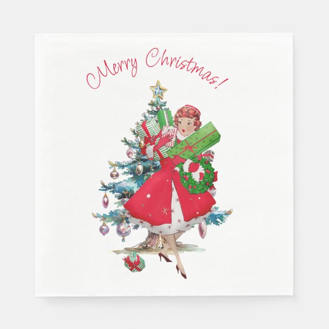 1950 Vintage Weihnachtsfrau Serviette (Vorderseite)