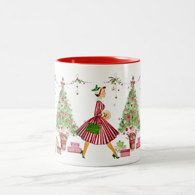 1950 Vintage Weihnachtsfrau Zweifarbige Tasse (Mittel)