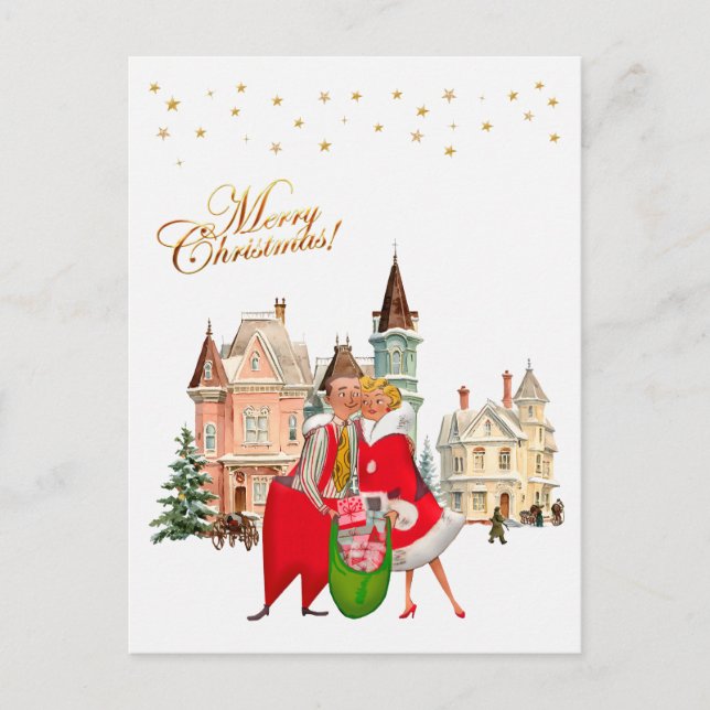 1950 Vintages Paar Frohe Weihnachten Postkarte (Vorderseite)