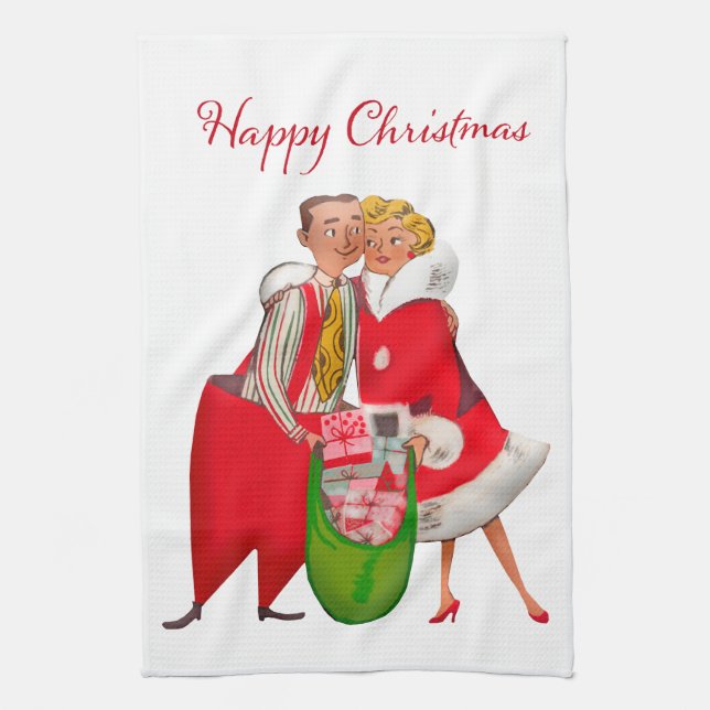 1950 Vintages Paar mit Weihnachtsgeschenksack Geschirrtuch (Vertikal)