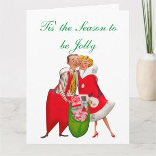 1950 Vintages Paar mit Weihnachtsgeschenksack Karte