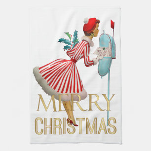 1950 Weihnachten Vintage Lady Frohe Weihnachten Geschirrtuch