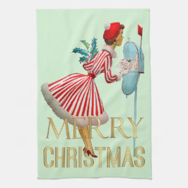 1950 Weihnachten Vintage Lady Frohe Weihnachten Geschirrtuch