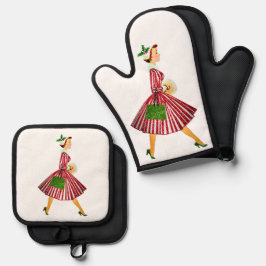 1950 Weihnachten Vintage Lady Frohe Weihnachten Ofenhandschuh & Topflappen-Set