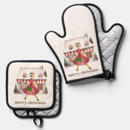 1950 Weihnachten Vintage Lady Shopping Ofenhandschuh & Topflappen-Set