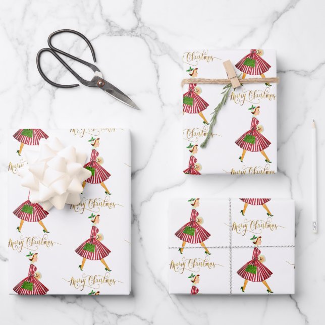 1950 Weihnachtsfrau Frohe Weihnachten Geschenkpapier Set (Vorderseite)