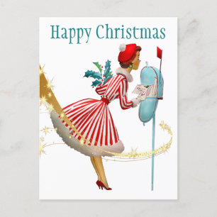 1950 Weihnachtsfrau mit Geschenken Postkarte