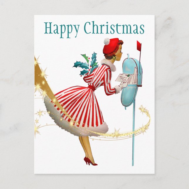 1950 Weihnachtsfrau mit Geschenken Postkarte (Vorderseite)