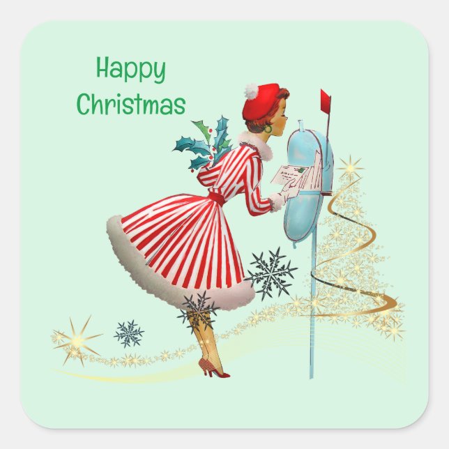 1950 Weihnachtsfrau mit Geschenken Quadratischer Aufkleber (Vorderseite)