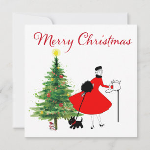 1950 Weihnachtsfrau mit Hund Feiertagskarte