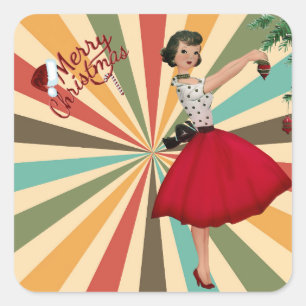 1950 Weihnachtsfrau mit Retro-Hintergrund Quadratischer Aufkleber