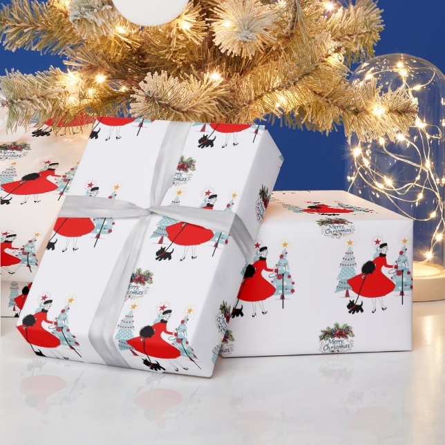 1950 Weihnachtsfrau mit schottischer Terrior Geschenkpapier (Feiertage)