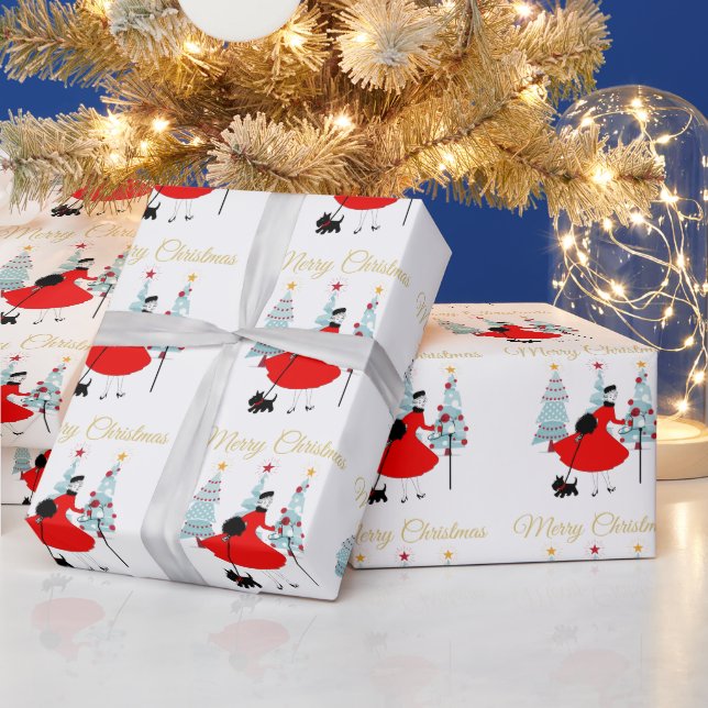 1950 Weihnachtsfrau mit schottischer Terrior Geschenkpapier (Feiertage)