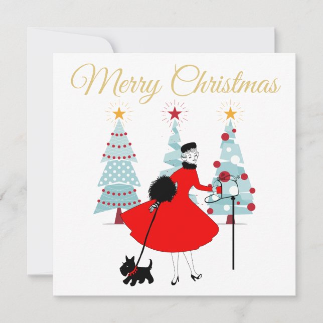 1950 Weihnachtsfrau mit schottischer Terrior Karte (Vorderseite)