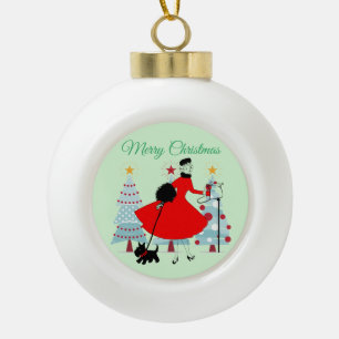 1950 Weihnachtsfrau mit schottischer Terrior Keramik Kugel-Ornament