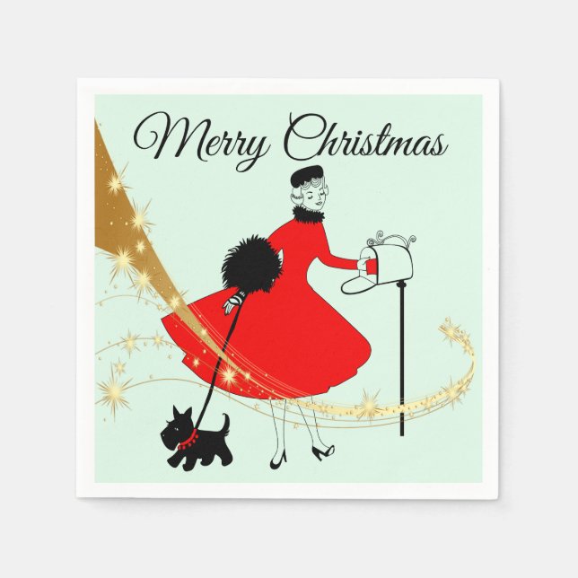1950 Weihnachtsfrau mit schottischer Terrior Serviette (Vorderseite)