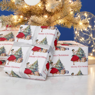 1950 Weihnachtsfrau mit Weihnachtsbaum Geschenkpapier