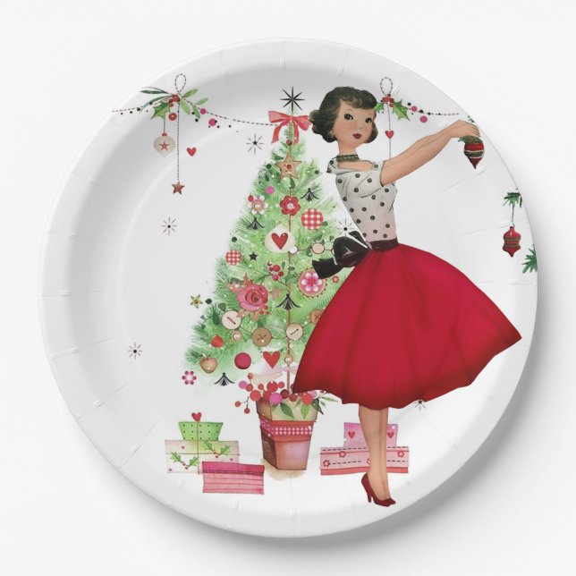 1950 Weihnachtsfrau mit Weihnachtsbaum Pappteller (Vorderseite)